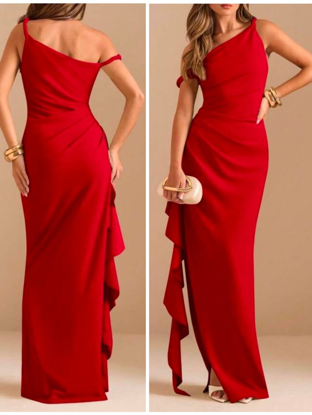 New Chic Asymmetrical Off Shoulder Rushed Maxi Dress Gown Red
